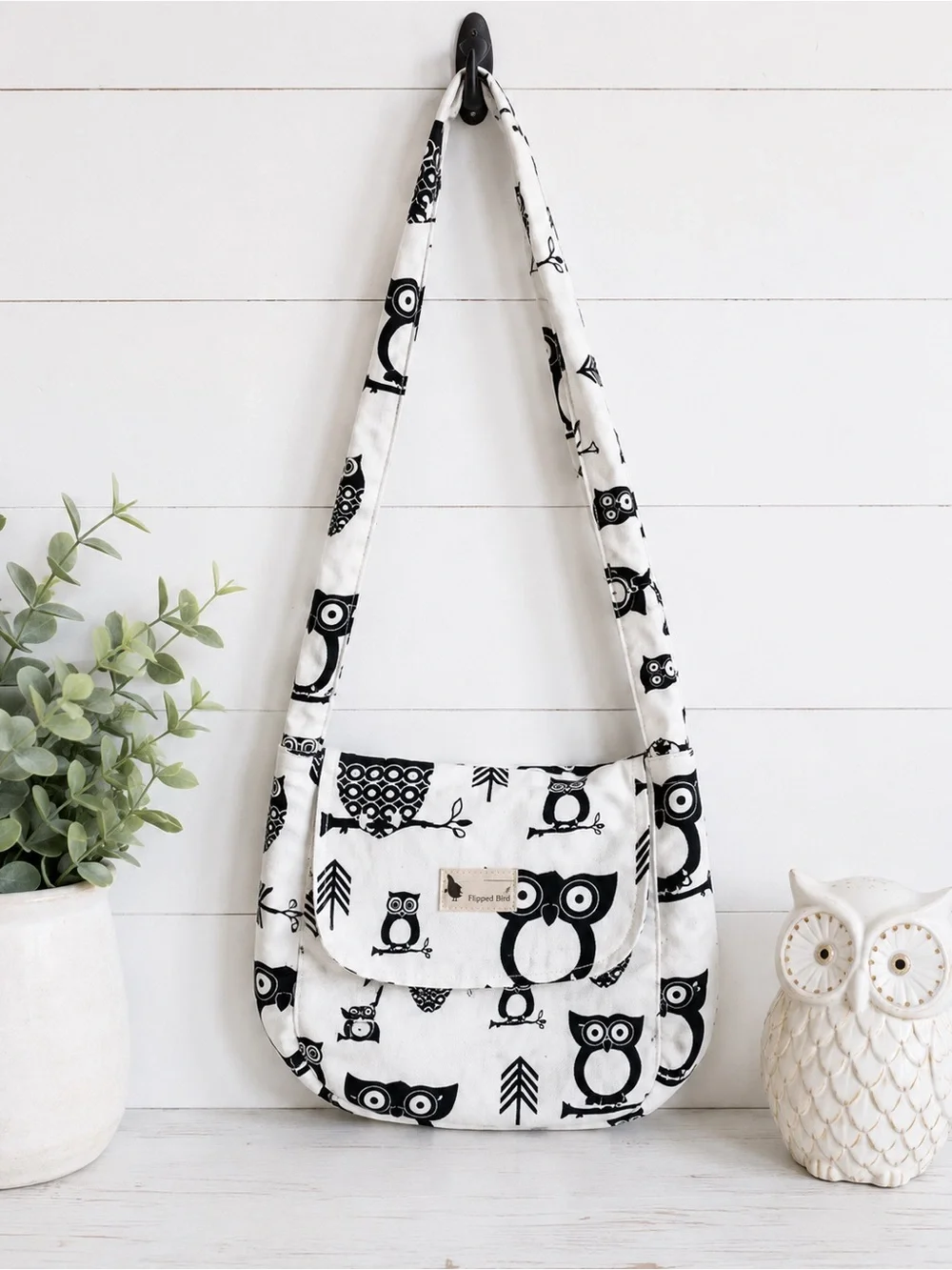 Flipped Bird Reversible Owl Print Crossbody Shoulder Bag Handmade Cotton Purse